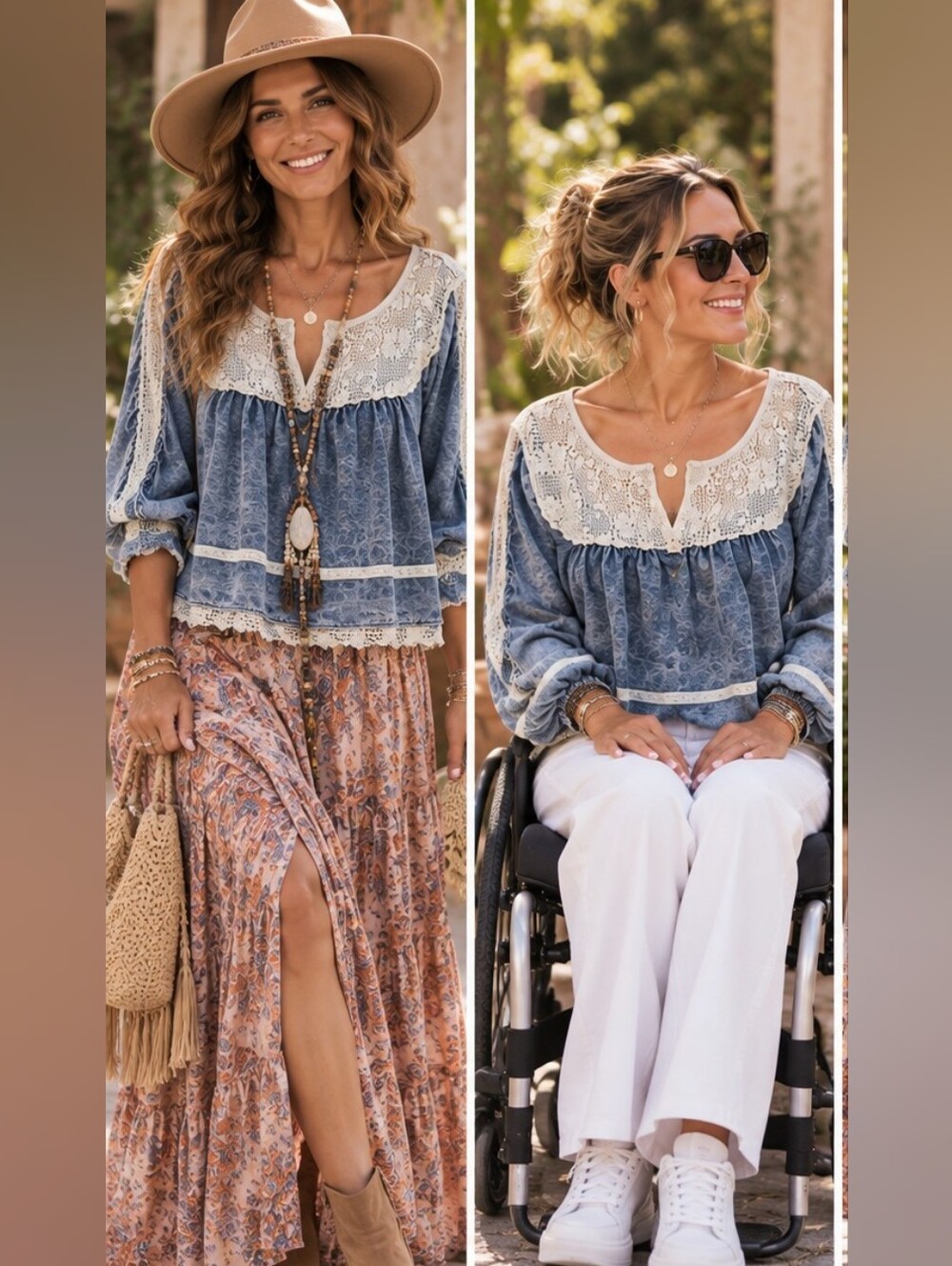 POL Blue Floral Lace-Trim Peasant Tunic